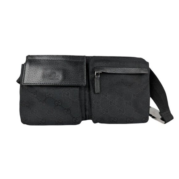 GUCCI Waist Bag Black GG Canvas/Leather/Silvertone - Picture 1 of 13